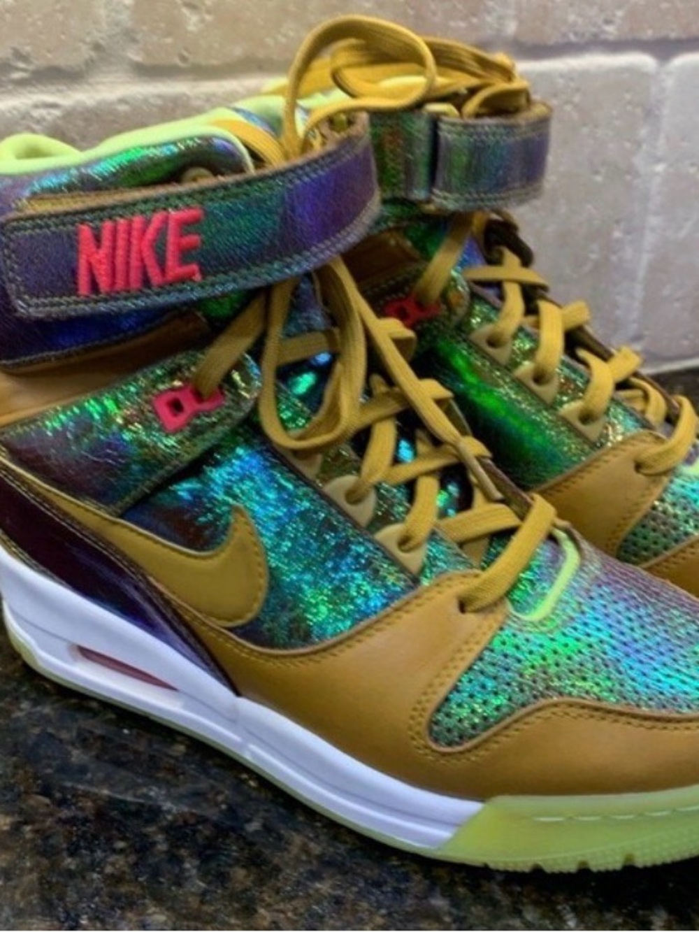 Nike Women's Iridescent Green and Blue High-Top Sneakers with Tan Overlays